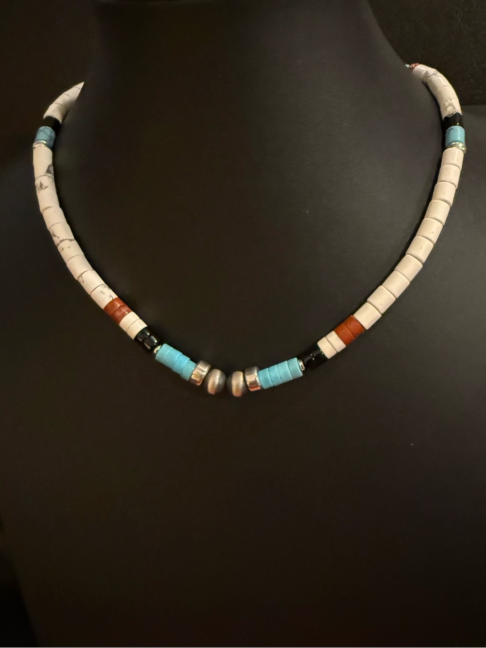 Southwestern Sterling Silver Navajo Pearls Turquoise Onyx Red Jasper Necklace